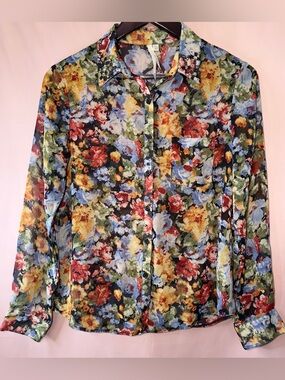 Bellatrix Floral Sheer Button-Down Blouse in Blue, Yellow, Red, Green